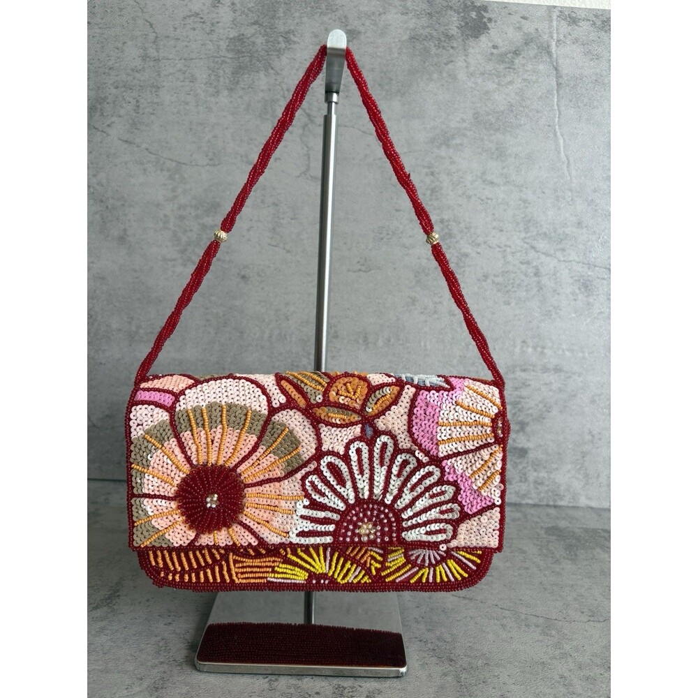 Handcrafted in India Clutch Shoulder Bag Floral Beaded with Sequins Red Flowers